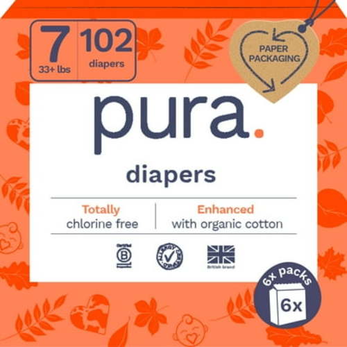 Pura Sensitive Infant Essentials: Sustainable Soft Baby Diapers, Size 7, 102 Count