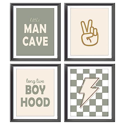 Little Man Cave Retro Preppy Checkered Lightning Peace Sign Long Live Boyhood Poster Prints for Boy Teen Room Dorm Decor,Preppy Decorations Prints Wall Art Unframed 4pcs 8x10inches,Teen Boys Gifts