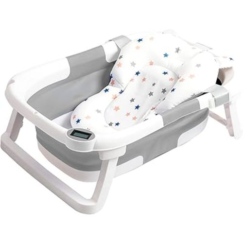 Collapsible Baby Bathtub,Baby Bath Tub with Soft Cushion & Thermometer,Baby Bathtub Newborn to Toddler 0-36 Months,Portable Travel Baby Tub,Gray