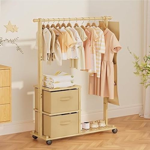 Amazer Bamboo Kids Clothing Rack with Storage Box, Toddler Dress up Rack, Portable Rolling Clothes Rack for Hanging Clothes, Baby Closet, Dress Up Storage, Kids Wardrobe for Girls Boys
