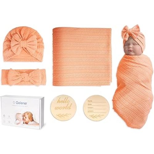 Golener Muslin Swaddle Blankets - Sleepea Swaddle with Bow Headbands, Hats Set and Newborn Name Announcement Card, Stretchy Baby Blankets for Girls&Boys Unisex, Perfect for Newborn Photos (Peach)