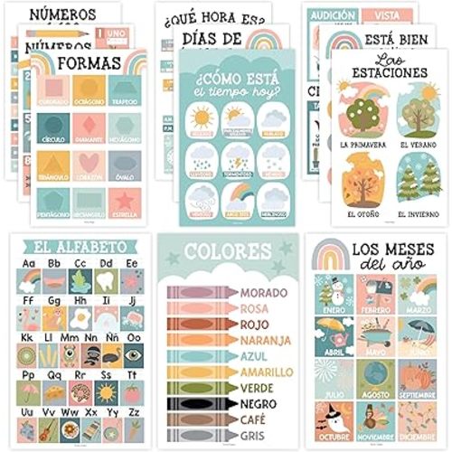 Hadley Designs Spanish Classroom Decorations - 12 Spanish Posters for Classroom Elementary, Abecedario para Niños en Español, Laminated Boho Bilingual Educational Posters 11x17