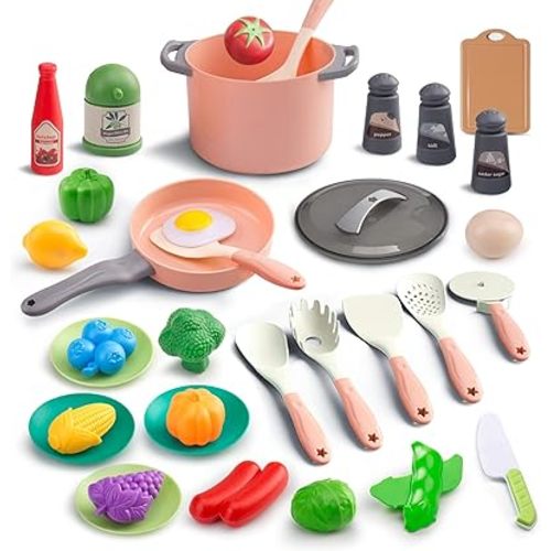 35Pcs Kids Kitchen Toy Accessories, Toddler Pretend Cooking Playset with Play Pots, Pans, Utensils, Cookware, Play Food Set, Toy Vegetables, Learning Gift for Girls, Boys (Pink)