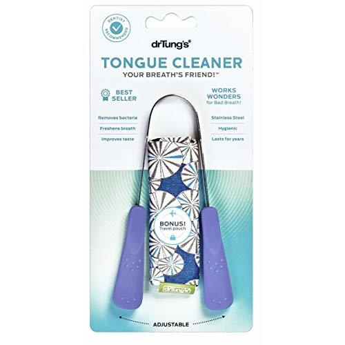 DrTungs Stainless Steel Metal Tongue Scraper - Tongue Cleaner for Adults, Kids, Helps Freshen Breath, Easy to Use Comfort Grip Handle, Comes with Fabric Travel Pouch - 1 Pack