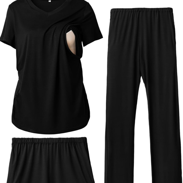 Rnxrbb 3 Piece Women's Maternity Nursing Pajamas Set V Neck Breastfeeding Pjs Sleepwear Postpartum Shorts&Pants Pockets