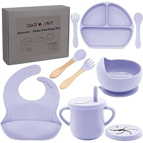 100% Silicone Baby Feeding Set,BPA Free Baby Dishes Set with Suction Bowl Divided Plate,Toddler Self Feeding Dish Set with Spoons Forks Sippy Cup and Bib, Baby Eating Utensils(Purple)