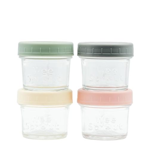 WeeSprout Glass Baby Food Storage Jars w/Lids (4 oz, 4 Pack Set) Snack, Puree, Reusable Small Containers, Breast Milk, Fridge or Freezer, Microwave & Dishwasher Safe, Essential Must Have for Infants - 4 Ounce (Plastic Lids) - Green, Dark Grey, Off White,