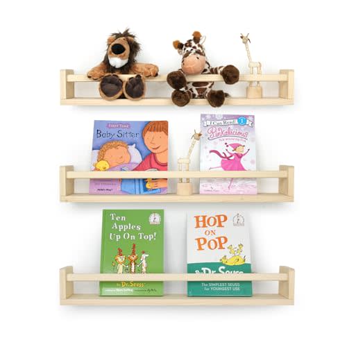 RANXFLOAT Nursery Book Shelves for Wall, 23.6 Inch Solid Wood Floating Nursery Bookshelf, Wooden Floating Shelves for Toys and Decor Storage, 23.6 Inch Set of 3 Natural Wood