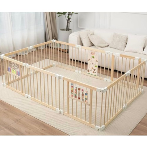 Foldable Wooden Baby Playpen Activity Center,Adjustable Size & Shape Portable Play Yard, Baby Fence Play Area with Gate for Indoor Use for Babies and Toddlers(84x56x24inches)