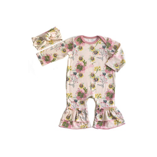 Baby Grey Ruffle Romper & Head Wrap Set