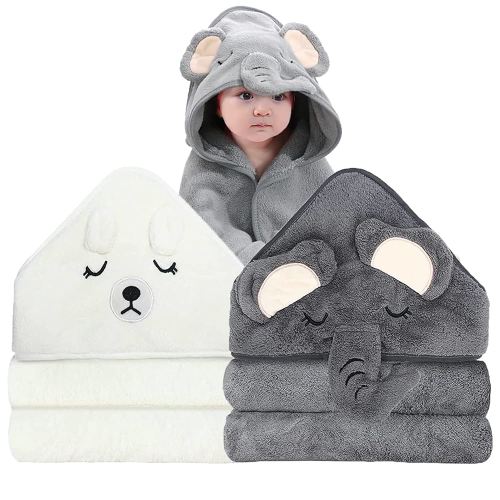 2 Pack Hooded Baby Towels - Premium Ultra Soft Organic Baby Bath Towel – Absorbent and Hypoallergenic Towels for Baby Boy Girl, Toddler, Newborn Essentials (Elephant & Bear)