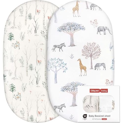 Gllquen Baby Bassinet Crib Sheets Set, Breathable Cozy Fitted Mattress Sheet, Elastic Travel Crib Fashionable Floral Pattern, Standard Cradle Safe Sheets for Baby Boy Girls 32"X16" (Forest)