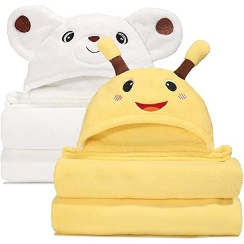Baby Bath Towels Hooded for Boy & Girl Age 0-7, 50"x32"Large Super Soft Toddler Towel with Buttons,2Pcs Coral Fleece Thick Absorbent Cute Animal Towel Set, White Bear & Yellow Bee
