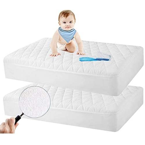 2 Pack Crib Mattress Protector, Waterproof Quilted Fitted Crib Mattress Pads, Soft Breathable Organic Bamboo Toddler Mattress Protector, 28''x52'' Baby Mattress Cover, White
