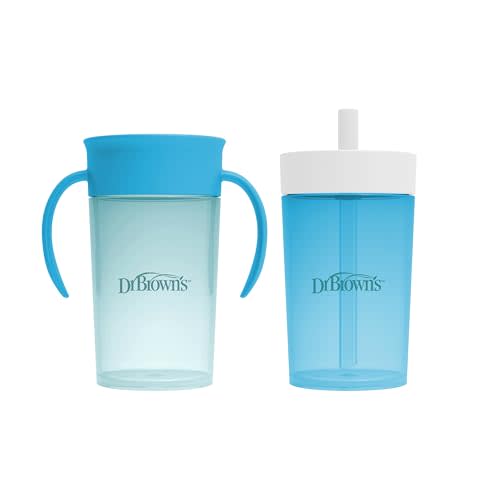 Dr. Brown's Milestones Straw to 360 Cup Set, Convertible Toddler Training Cup Set with Interchangeable Silicone Straw and 360 Degree Cup Lids, Ocean Blue, 10 oz/300 mL, BPA Free, 9m+, 2 Pack