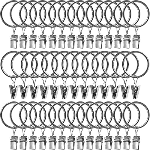 AMZSEVEN 40 Pack Curtain Rings with Clips, Drapery Clips with Rings, Drapes Rings 1.26 in Interior Diameter, Fits up to 1 Inch Curtain Rod, Silver
