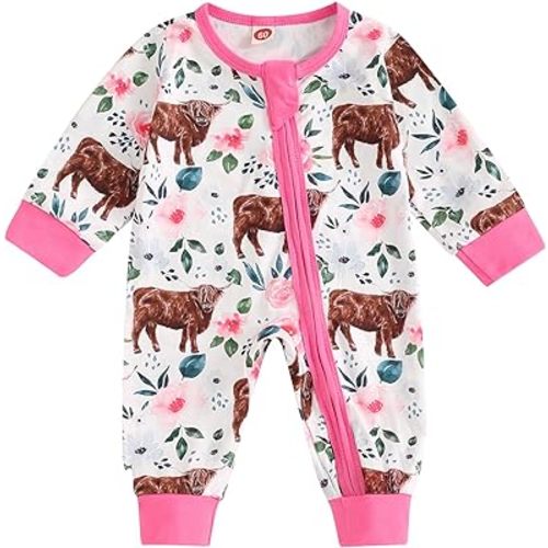 Western Baby Girl Clothes Cow Print Long Sleeve Romper Zipper Jumpsuit One Piece Fall Winter Cowgirl Outfit