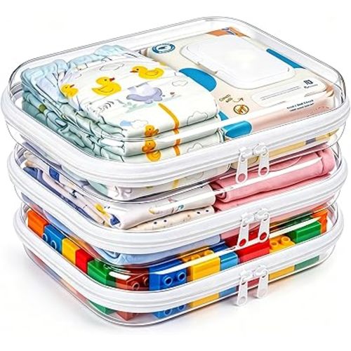3 Pack Diaper Bag Organizer Pouches, Clear Hard Shell Zipper Cases for Travel, Makeup Bag, Toiletry Bag, Toy Storage Bins, Waterproof Storage Box for Pacifier Snacks Wipes Clothes Baby Essentials