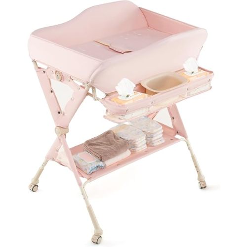INFANS Baby Changing Table with Wheels, Portable Folding Diaper Station Nursery Organizer with Storage Basket, Hanging Rack, Adjustable Height, Safety Belt for Newborn Infant (Light Pink)