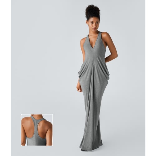 Deep V Neck Backless Racerback Stacked Ruched Maxi Casual Dress