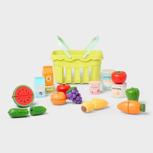 Grocery Basket With Play Food- 18 Piece - Gigglescape™: Plastic, Ages 2+, Includes Play Fruit & Vegetables