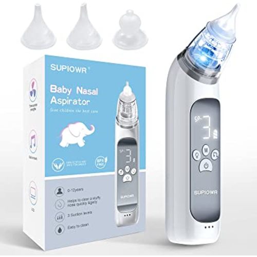 supiowr Nasal Aspirator for Baby,Baby Nose Suction Device with Food Grade Silicone Mouthpiece 3 Modes and Advanced Soothing Music Lighting Design,Electric Baby-Rechargable Grey 16 Ounce