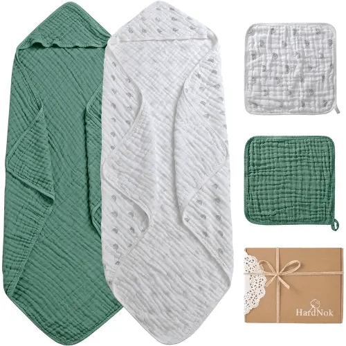 Baby Bath Towels Muslin 4 Pack, Premium Muslin 6 Layers Natural Cotton Baby Bath Towels, Soft and Comfortable for Boys,Girls (Boho Rainbow Green) (32 x 32)
