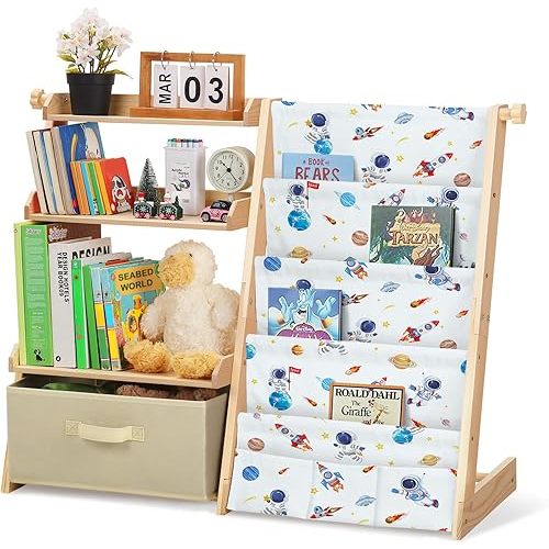 Kids Bookshelf and Toy Storage Organizer Wooden 2 in 1 Toddler Bookcase-4 Tier Book Shelf with Toy Box for Kids Room,Nursery,Playroom