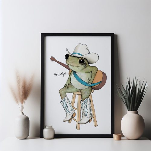 Western Cowboy Frog Art Print. Bluegrass Country Music Artwork. Cute Frog Gift. Guitar Player. Nursery Print. Illustrated Funny Wall Decor.
