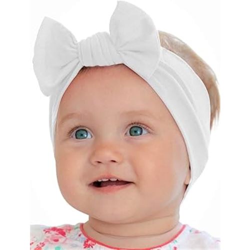 Baby Girl Headbands- Newborn Infant Toddler Cotton Handmade Hairbands with Bows Child Hair Accessories (White, 0-6 Month)