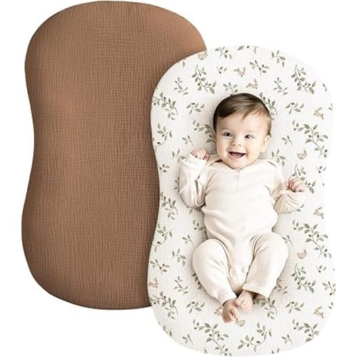 Konssy Muslin Baby Lounger Cover 2 Pack, 100% Cotton Newborn Lounger Cover, Soft and Breathable Lounger Slipcover for Boys Girls, Covers Only (Rabbit,Chestnut)