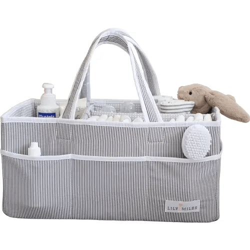 Lily Miles Baby Diaper Caddy Organizer - Baby Shower Basket for Newborn Boys or Girls - Nursery Must Haves for New Mom - Baby Registry Favorites - Large Storage Tote for Changing Table or Car, Gray