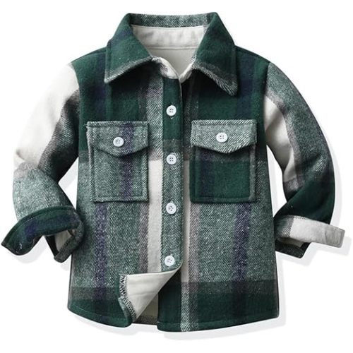 Sobrisah Toddler Boys Kids Flannel Fleece Jackets Button Down Plaid Shirts Long Sleeve Laple Shacket Tops Outwear - 6-9 Months - Green Fleece
