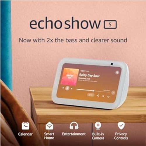 Echo Show 5 (3rd Gen, 2023 release) | Smart display with 2x the bass and clearer sound | Glacier White