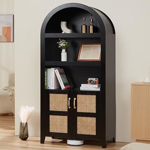 HABUTWAY 72'' Arched Storage Cabinet with Beech-Rattan Door, Tall Bookshelf with Adjustable Shelves, Modern Farmhouse Wooden Bookcase Kitchen Pantry Cabinet for Living Room (Black)