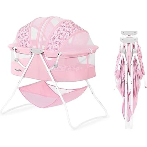 Dream On Me Karley Bassinet in Pink, Lightweight Portable Baby Bassinet, Quick Fold and Easy to Carry, Adjustable Double Canopy, Indoor and Outdoor Bassinet with Large Storage Basket.
