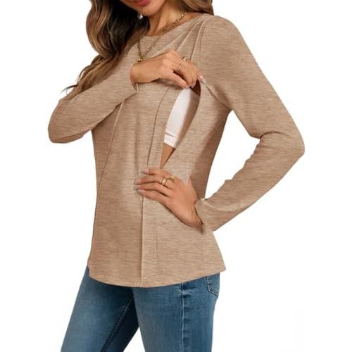 Yousify Womens Long Sleeve Nursing Shirts Zipper Maternity Breastfeeding Tunic Tops Seam Pregnancy Clothes