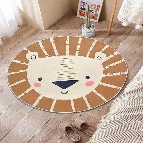 ABREEZE Kids Play Rug 2.6ft, Lion Round Area Rug Kids Nursery Door Mat Soft Plush Non-Slip Childrens Carpet for Bedroom Living Room Kids Playroom,Brown