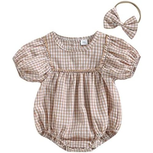 Douhoow Infant Baby Girl Plaid Romper Baby Sweatshirt Romper Ruffle Festival Clothes Fall Winter Outfits with Headband