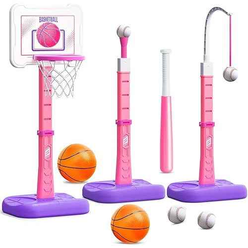 3 in 1 Kids Basketball Hoop and T Ball Set, Adjustable Height Toddler Basketball Hoop, Hanging Tee Baseball, Indoor Outdoor Sports Toys Gifts for Toddlers Boys Girls Ages 3 4 5 Year（Pink