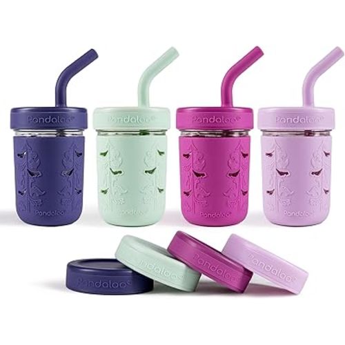 Pandaloo® Mason Jar Toddler Cup - 8 oz Spill-Proof Glass Tumbler with Silicone Straw and Lid, Non-Slip Sleeve, BPA-Free Toddler Snack Cups - Perfect Smoothie Cups with Lids and Straws for Kids