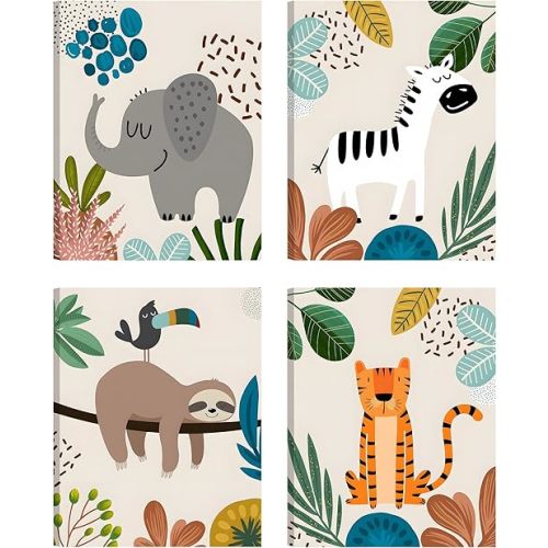 4pcs framed Baby Safari Nursery Wall Art Zebra elephant tiger monkey Pictures Poster Cute Animal Canvas Paintings Prints Decor for Kid Room Baby Room Wall Decor