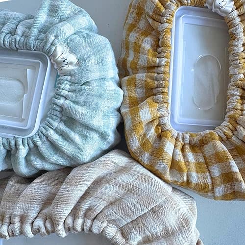 Baby Wipes Cover – Universal Size, One Size Fits All Wipes Packages | Muslin Cotton Tissue Cover for Nursery, Diaper Bag & Changing Table, Station | Gingham & Neutral Patterns (3-Gingham Mint)