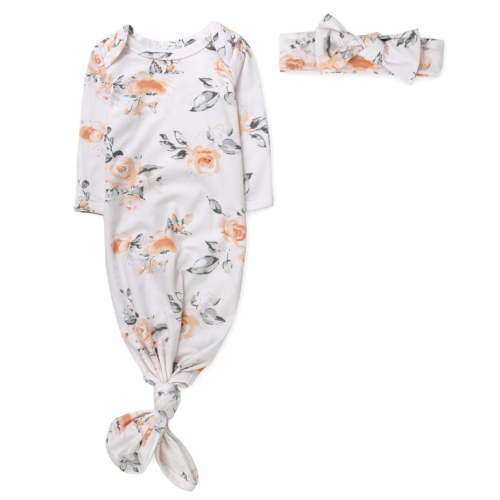Baby Essentials Long Sleeve Knotted Patterned Sleeping Gown with Matching Headband for Newborn Infants 0 - 6 Months for Sleep, Cuddling, Swaddling and Lounge in Countryside Floral
