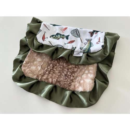 Fishing Lovie Blanket: Olive Satin, Cappuccino Fawn Plush, Fish Lures