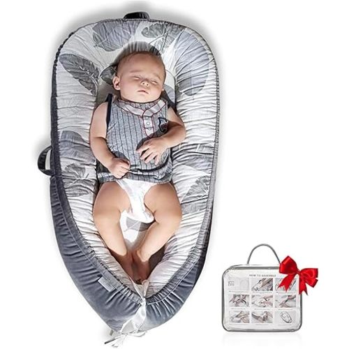 Baby Lounger, Cotton Breathable Baby Lounger Pillow Cover,Infant Lounger for Travel, Grey Protable Cosleeper, Ultra Newborn Gifts, Baby Bed in Room, Baby Snuggle Lounger Me