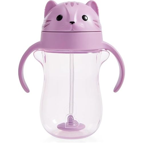 Munchkin Any Angle Spill Proof Weighted Straw Trainer Cup, Transition Sippy Cups for Toddlers and Babies, Click Lock Technology & Fun Cat Design, 10 Ounce, Purple