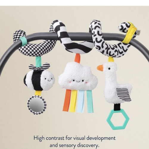 Itzy Ritzy Spiral Car Seat & Stroller Activity Toy - Stroller & Car Seat Toys for Ages 0 Months and Up - Hanging Toys Include Dangling Ring, Mirror and Textured Ribbons (High Contrast)