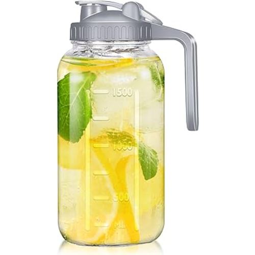 Glass Mason Jar Pitcher with Lid, 2 Quart/64oz - Breast Milk Pitcher Leak Proof, Heavy Duty Wide Mouth Jar with Pour Spout for Water, Juice, Milk, Tea, Iced Coffee, and Drinks, 1 Pack
