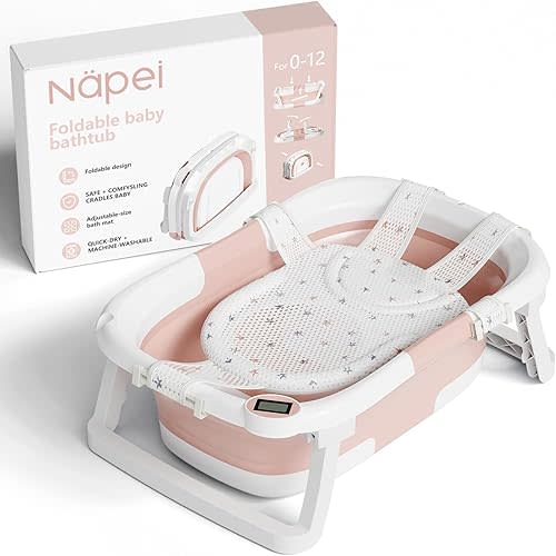 Collapsible Baby Bathtub,Baby Bath Tub with Soft Cushion & Thermometer,Baby Bathtub Newborn to Toddler 0-36 Months,Portable Travel Baby Tub